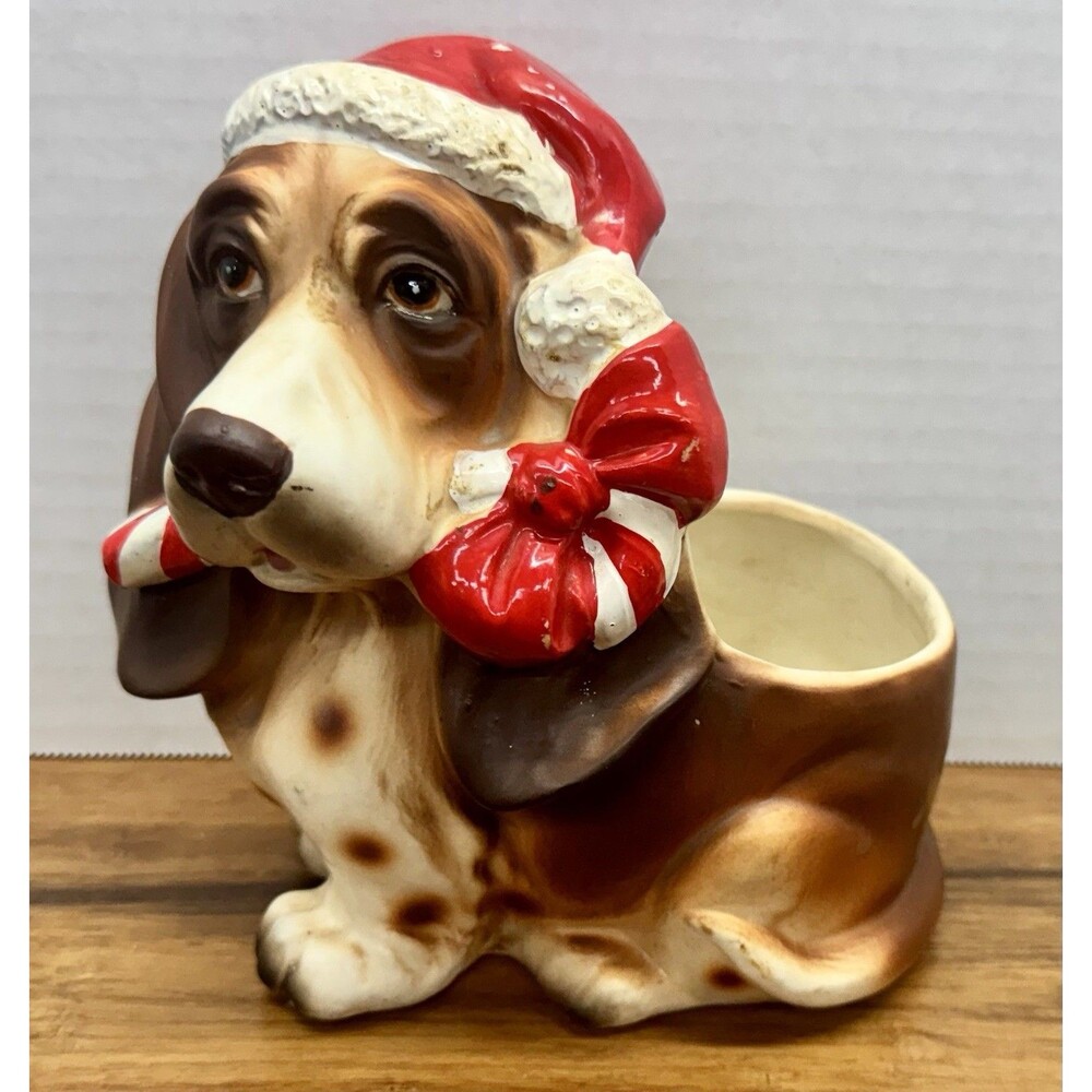 Vintage Lefton Basset Hound Planter Santa Hat Candy Cane Christmas Ceramic RARE